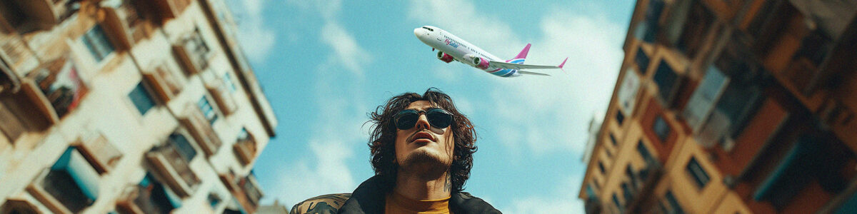 An upward angle of a man having a FlySafair plane flying overhead in the blue sky