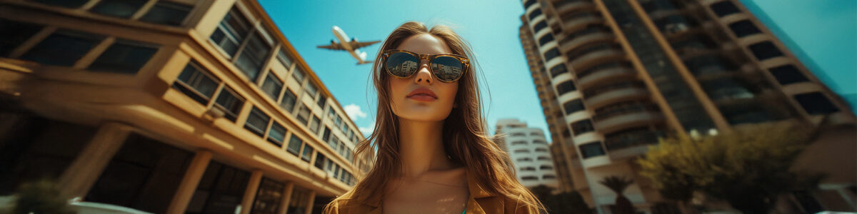 Woman standing in the street with a plane flying overhead.Showing Travelstart is the cheapest platform to book flights in South Africa